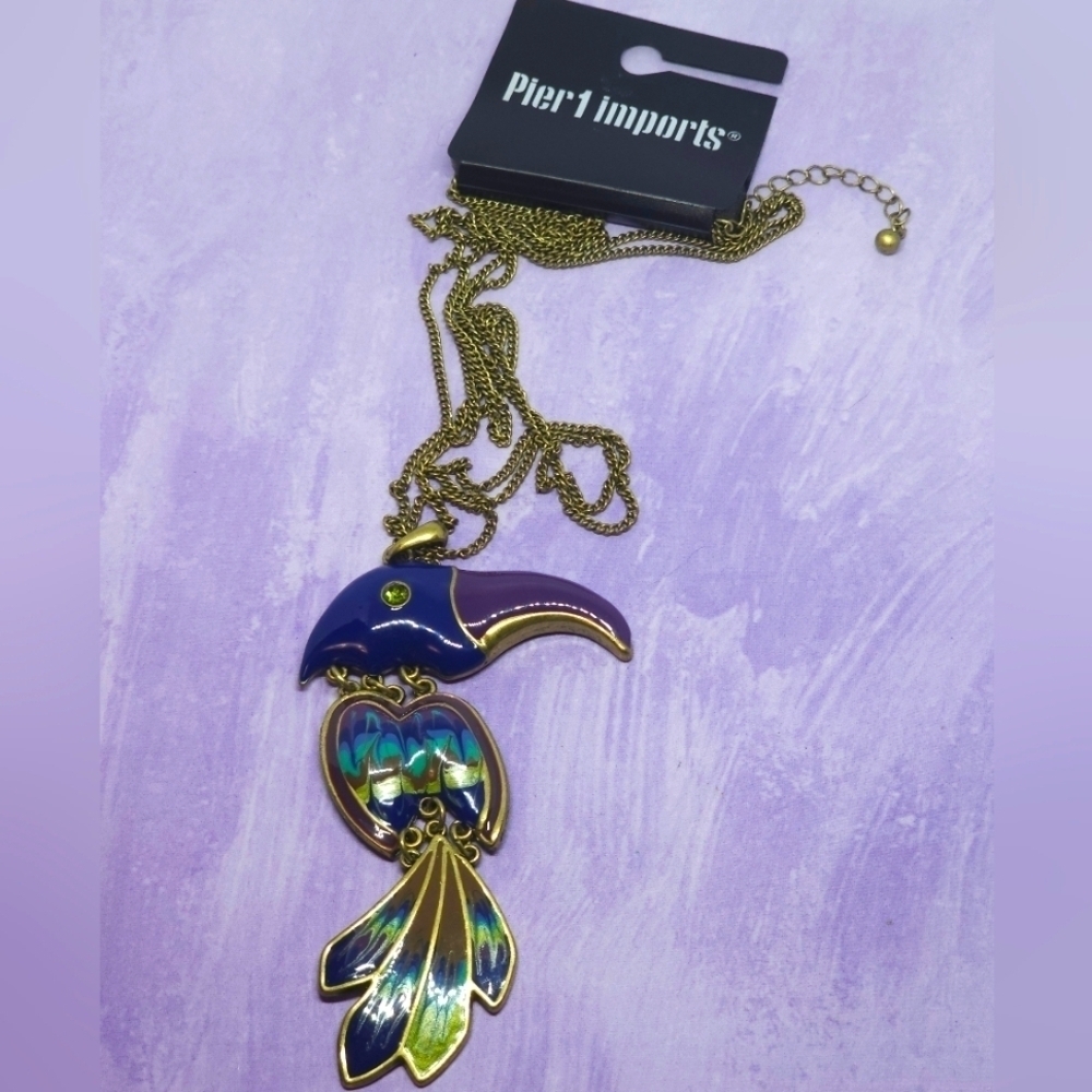 Pier 1 Imports Toucan Bird Necklace 4" Swirled Enamel Pendant 28" Chain